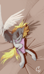 Size: 2403x4000 | Tagged: safe, artist:thelordgemm, derpy hooves, pegasus, pony, g4, crying, female, pillow, sad, solo