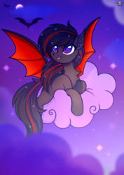 Size: 3000x4241 | Tagged: safe, artist:stesha, oc, oc only, oc:predawn dew, bat, bat pony, pony, bat pony oc, bat wings, chest fluff, cloud, colored wings, commission, ear fluff, fangs, female, full body, looking at something, looking up, lying down, lying on a cloud, mare, moon, night, night sky, on a cloud, open mouth, open smile, purple eyes, sky, sky background, smiling, solo, spread wings, stars, tail, two toned mane, two toned tail, two toned wings, wings, ych result