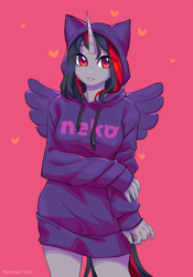 Size: 838x1200 | Tagged: safe, artist:margony, oc, oc only, oc:flydry, unicorn, anthro, breasts, clothes, female, hoodie, horn, solo, wings