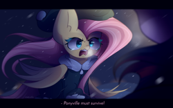 Size: 2400x1500 | Tagged: safe, artist:miryelis, fluttershy, twilight sparkle, pegasus, pony, unicorn, big ears, clothes, crossover, crying, emotional, frostpunk, long hair, open mouth, snow, snowfall, standing, text, wind, wings