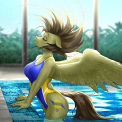 Size: 1280x1280 | Tagged: safe, artist:mykegreywolf, oc, oc only, oc:static spark, pegasus, anthro, breasts, clothes, eyes closed, female, high-cut clothing, hips, one-piece swimsuit, pegasus oc, short hair, solo, spread wings, swimming pool, swimsuit, thighs, water, wet, wings