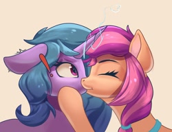 Size: 2308x1768 | Tagged: safe, artist:wyvernthedragon, izzy moonbow, sunny starscout, earth pony, pony, unicorn, g5, eyes closed, female, high res, kiss on the lips, kissing, lesbian, mare, ship:moonscout, shipping, simple background
