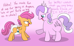 Size: 1280x800 | Tagged: safe, artist:fillyscoots42, diamond tiara, scootaloo, earth pony, pegasus, pony, ask chubby diamond, ask crinkleloo, g4, chubby diamond, diaper, fat, female, filly, foal, height difference, looking at each other, looking at someone, non-baby in diaper