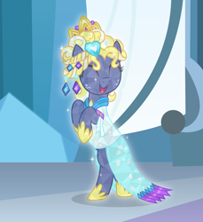 Size: 1708x1864 | Tagged: safe, artist:badumsquish, derpibooru exclusive, star tracker, crystal pony, earth pony, pony, the crystal empire 10th anniversary, g4, ^^, alternate hairstyle, ceremonial headdress, clothes, colt, cosplay, costume, crossdressing, crossplay, crystal empire, crystal heart, crystallized, cute, dress, eyelashes, eyes closed, fangirling, femboy, foal, freckles, gem, glowing, happy, heart, hoofy-kicks, horseshoes, implied princess cadance, jewelry, male, open mouth, race swap, rearing, regalia, show accurate, solo, sparkling, squee, starcrossed, tiara, trackerbetes