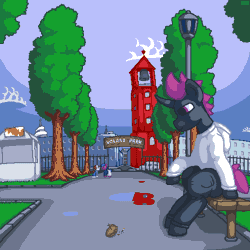 Size: 512x512 | Tagged: safe, artist:vohd, oc, oc only, oc:ex, oc:vohd, earth pony, pony, unicorn, animated, bell, clothes, cloud, park, pixel art, running, ship, sitting, tree