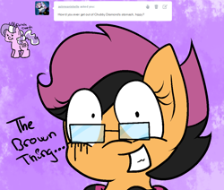 Size: 1024x868 | Tagged: safe, artist:askscootahipster, diamond tiara, scootaloo, earth pony, pony, ask scootahipster, g4, ask, bust, clothes, crying, female, filly, foal, glasses, implied full tour, implied pooping, implied vore, pinpoint eyes, scarf, scootahipster, solo, striped scarf