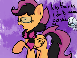 Size: 800x600 | Tagged: safe, artist:askscootahipster, scootaloo, silver spoon, pegasus, pony, ask scootahipster, g4, clothes, eyes closed, female, filly, foal, glasses, implied vore, scarf, scootahipster, solo focus, striped scarf