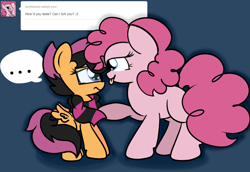 Size: 1280x880 | Tagged: safe, artist:askscootahipster, pinkie pie, scootaloo, earth pony, pegasus, pony, ask scootahipster, g4, ..., ask, clothes, female, filly, foal, glasses, heart, implied vore, kitchen eyes, looking at each other, looking at someone, mare, scarf, scootahipster, striped scarf, tongue out