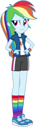 Size: 608x2000 | Tagged: safe, artist:emeraldblast63, rainbow dash, human, equestria girls, g4, blue skin, clothes, compression shorts, confident, female, pink eyes, rainbow socks, shoes, shorts, simple background, smiling, sneakers, socks, solo, striped socks, tomboy, transparent background, vector
