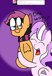 Size: 1024x1500 | Tagged: safe, artist:askscootahipster, diamond tiara, scootaloo, earth pony, pony, ask scootahipster, g4, ask, blushing, chubby diamond, clothes, eyes closed, fat, female, filly, foal, glasses, hug, lesbian, scarf, scootahipster, seaponified, ship:scootiara, shipping, species swap, striped scarf