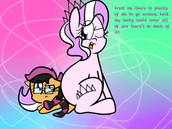Size: 1024x768 | Tagged: safe, artist:askscootahipster, diamond tiara, scootaloo, earth pony, pony, ask chubby diamond, ask scootahipster, g4, ask, clothes, female, filly, foal, glasses, lesbian, one eye closed, scarf, ship:scootiara, shipping, sitting on person, striped scarf, wink