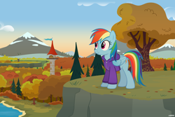 Size: 6000x4000 | Tagged: safe, artist:a4r91n, rainbow dash, pegasus, pony, g4, absurd resolution, autumn, backwards cutie mark, clothes, female, forest, hoodie, looking up, mare, mountain, scenery, tower, tree