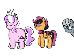 Size: 800x600 | Tagged: safe, artist:askscootahipster, diamond tiara, scootaloo, silver spoon, earth pony, pegasus, pony, ask chubby diamond, ask scootahipster, g4, chubby diamond, clothes, eyes closed, fat, female, filly, foal, glasses, heart, heart eyes, lesbian, scarf, scootahipster, ship:scootiara, shipping, simple background, striped scarf, white background, wingding eyes