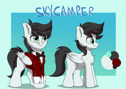 Size: 2058x1460 | Tagged: safe, artist:joaothejohn, oc, oc only, oc:sky scamper, pegasus, pony, clothes, commission, cute, looking up, male, pegasus oc, reference sheet, simple background, stallion, tuxedo, wings