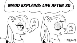 Size: 1200x675 | Tagged: safe, artist:pony-berserker, maud pie, pony-berserker's twitter sketches, pony-berserker's twitter sketches (2022), g4, cynical, eyes closed, life is pain, speech bubble, title