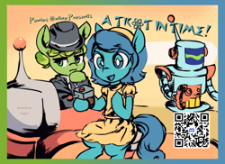 Size: 720x524 | Tagged: safe, artist:creamyogurt, oc, oc only, robot, advertising, clothes, convention, dress, holopon, mascot, online, pixal, poniesonline, science fiction, suit