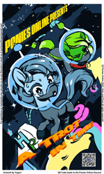 Size: 422x702 | Tagged: safe, artist:creamyogurt, oc, oc only, pony, advertising, convention, holopon, mascot, mask, moon, online, pixal, poniesonline, space, spaceship, spacesuit