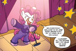Size: 1126x750 | Tagged: safe, artist:tony fleecs, idw, pinkie pie, earth pony, pony, g4, ponies of dark water, spoiler:comic, spoiler:comic44, dialogue, female, mare, microphone, microphone stand, pinkie joker, solo, speech bubble