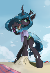 Size: 1944x2828 | Tagged: safe, artist:i love hurt, queen chrysalis, changeling, changeling queen, g4, beach, female, hoof hold, mare, morning, sand, solo, wallpaper, wings