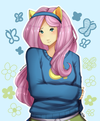 Size: 1500x1800 | Tagged: safe, artist:datpuppiartist, fluttershy, human, equestria girls, g4, clothes, fake ears, female, looking at you, pony ears, solo, sweater, wondercolts