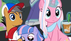 Size: 800x468 | Tagged: safe, screencap, clear sky, quibble pants, wind sprint, earth pony, pegasus, pony, unicorn, common ground, g4, season 9, animated, baseball cap, cap, clothes, cup, cute, drink, female, filly, foal, freckles, gif, hat, head rub, hug, laughing, looking at each other, looking at someone, magic, male, mare, mother and child, mother and daughter, shirt, sprintabetes, stallion, telekinesis, trio focus