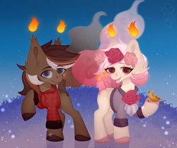 Size: 1280x1077 | Tagged: safe, artist:macyw, oc, oc:rosey incense, oc:vince cocoa, earth pony, original species, pony, 2022, candle, closed species, commission, couple, cute, december, digital art, duo, duo male and female, earth pony oc, evening, female, fire, male, night, shading, sky, smoke