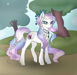 Size: 2096x2032 | Tagged: safe, artist:existencecosmos188, oc, oc only, pony, unicorn, braid, braided tail, choker, female, forest, heterochromia, high res, horn, mare, solo, spread wings, tail, unicorn oc, wings