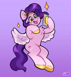 Size: 1870x2048 | Tagged: safe, artist:shyshyoctavia, pipp petals, pegasus, pony, g5, adorapipp, cellphone, chest fluff, cute, female, flapping, flying, happy, heart, hoof heart, jewelry, mare, open mouth, open smile, phone, smiling, tiara, underhoof