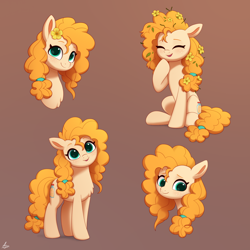 Size: 2000x2000 | Tagged: safe, artist:luminousdazzle, pear butter, earth pony, pony, g4, bust, chest fluff, cute, female, flower, flower in hair, freckles, full body, hair tie, high res, looking at you, mare, messy mane, mom, pearabetes, portrait, simple background, sitting, smiling, smiling at you, solo, standing