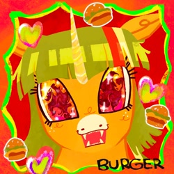 Size: 1080x1080 | Tagged: safe, artist:ombnom, oc, oc only, oc:burger mare, pony, unicorn, art, burger, bust, colorful, digital art, food, kinsona, red background, simple background, solo