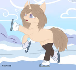 Size: 1608x1500 | Tagged: safe, artist:ghou1ss, oc, oc only, oc:arina, pony, unicorn, adult blank flank, blank flank, boots, clothes, cloud, commission, female, ice, ice skates, ice skating, mare, open mouth, raised hoof, raised leg, scar, shoes, snow, socks, solo, stockings, thigh highs, ych result