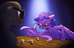 Size: 1280x841 | Tagged: safe, artist:chub-wub, firefly, oc, oc:anon, earth pony, pegasus, pony, alcohol, blushing, drink, drunk, duo, feather fingers, female, finger gun, glass, grin, male, mare, shot, shot glass, smiling, stallion, sunglasses, table, tipsy, wing hands, wings