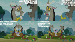 Size: 4400x2475 | Tagged: safe, edit, edited screencap, editor:quoterific, screencap, discord, pearly stitch, bird, draconequus, earth pony, pony, discordant harmony, g4, season 7, bench, duality, female, frown, glasses, grin, high res, mare, open mouth, open smile, smiling