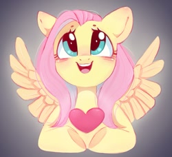 Size: 1175x1071 | Tagged: safe, artist:melodylibris, fluttershy, pegasus, pony, g4, blushing, bust, cute, ear blush, female, full face view, gradient background, heart, looking up, mare, open mouth, open smile, shyabetes, smiling, solo, spread wings, underhoof, wings