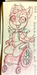 Size: 511x1024 | Tagged: safe, artist:natt333, oc, oc only, oc:rusty gear, earth pony, anthro, amputee, chibi, sketch, solo, traditional art, wheelchair