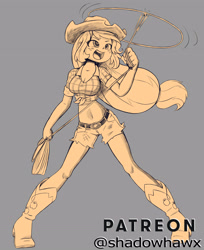 Size: 2598x3183 | Tagged: safe, artist:shadowhawx, applejack, earth pony, human, equestria girls, g4, applejack's hat, belly button, belt, boots, breasts, cleavage, clothes, colored sketch, cowboy boots, cowboy hat, daisy dukes, female, food, front knot midriff, hat, high res, lasso, looking up, midriff, monochrome, motion lines, open mouth, orange, rope, shoes, shorts, solo
