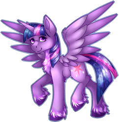 Size: 1882x1937 | Tagged: safe, artist:chvrchgrim, twilight sparkle, alicorn, pony, g4, chest fluff, female, mare, redesign, simple background, smiling, solo, spread wings, transparent background, twilight sparkle (alicorn), unshorn fetlocks, wings