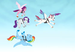 Size: 1076x743 | Tagged: safe, artist:adiashapeshifter19, pipp petals, rainbow dash, rarity, zipp storm, alicorn, pony, g5, alicornified, flapping wings, jetpack, pippcorn, race swap, rainbowcorn, raricorn, tongue out, upside down, wings, zippcorn