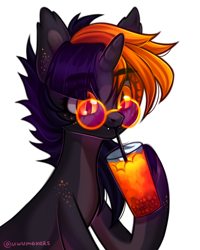 Size: 2400x3000 | Tagged: safe, artist:02vxmp, artist:minchyseok, artist:uwumakers, oc, oc only, oc:hijinx, bat pony, bat pony unicorn, hybrid, pony, unicorn, drink, ear fluff, eyelashes, fangs, freckles, glasses, high res, hooves, horn, nonbinary, pale belly, raised hoof, round glasses, simple background, slit pupils, smiling, solo, white background