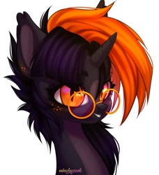 Size: 619x680 | Tagged: safe, artist:02vxmp, artist:minchyseok, artist:uwumakers, oc, oc only, oc:hijinx, bat pony, bat pony unicorn, hybrid, pony, unicorn, big eyes, bust, ear fluff, eyelashes, fangs, freckles, glasses, horn, nonbinary, pale belly, round glasses, simple background, slit pupils, smiling, solo, white background