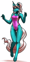 Size: 1452x3000 | Tagged: safe, alternate version, artist:mykegreywolf, oc, oc only, oc:seabreeze, unicorn, anthro, unguligrade anthro, abs, breasts, clothes, hips, knees pressed together, looking at you, one-piece swimsuit, ponytail, reasonably sized breasts, simple background, smiling, solo, swimsuit, thighs, white background