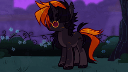 Size: 600x338 | Tagged: safe, artist:mish05k, oc, oc only, oc:hijinx, bat pony, bat pony unicorn, hybrid, pony, unicorn, animated, dancing, ear fluff, eyelashes, fangs, freckles, glasses, horn, night, nonbinary, pale belly, scenery, show accurate, solo