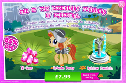Size: 1956x1298 | Tagged: safe, gameloft, private pansy, pegasus, pony, g4, my little pony: magic princess, my little pony: the castles of equestria, advertisement, armor, bush, costs real money, english, female, fountain, gem, helmet, introduction card, mare, mountain, mountain range, numbers, sale, show accurate, solo, spread wings, text, wings