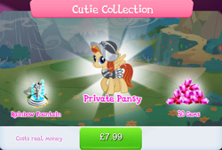 Size: 1263x856 | Tagged: safe, gameloft, private pansy, pegasus, pony, g4, my little pony: magic princess, my little pony: the castles of equestria, armor, bundle, bush, costs real money, cutie collection, english, female, fountain, gem, helmet, mare, mountain, mountain range, numbers, sale, show accurate, solo, spread wings, text, wings