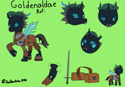 Size: 1177x825 | Tagged: safe, artist:goldenoshy1250, oc, oc:goldenaldae, changeling, adventurer, bag, changeling horn, changeling wings, chibi, clothes, crying, facial expressions, feather, green background, hat, horn, medieval, reference sheet, saddle bag, simple background, smiling, solo, sword, uniform, weapon, wings