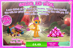 Size: 1961x1301 | Tagged: safe, gameloft, flashfire, smolder, dragon, g4, my little pony: magic princess, advertisement, bundle, bush, claws, comic, costs real money, crystal, dragoness, english, female, gem, horns, introduction card, looking at you, numbers, pencil, pound (currency), sale, solo, spread wings, text, united kingdom, wings