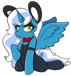 Size: 2785x3001 | Tagged: safe, artist:lolkitz, oc, oc only, oc:fleurbelle, alicorn, pony, alicorn oc, armband, bowtie, bunny ears, bunny suit, clothes, costume, eyeshadow, female, fishnet stockings, high res, horn, kneeling, looking offscreen, makeup, mare, playboy bunny, simple background, solo, tail, transparent background, wings
