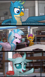 Size: 1920x3240 | Tagged: safe, edit, edited screencap, screencap, vector edit, gallus, ocellus, silverstream, smolder, yona, changeling, classical hippogriff, dragon, griffon, hippogriff, yak, g4, dragoness, female, film grain, high res, irl, library, male, movie reference, photo, ponies in real life, reference, subtitles, the breakfast club, vector
