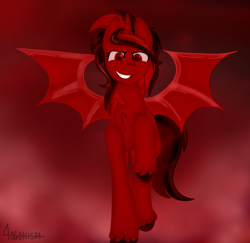 Size: 2016x1960 | Tagged: safe, artist:4agonism, oc, oc:ravanna, alicorn, bat pony, pony, fanfic:the invasion, cloud, evil, evil smile, female, flying, grin, looking at you, mare, raised hoof, red and black oc, red eyes, red sky, smiling, solo, spread wings, unshorn fetlocks, wings