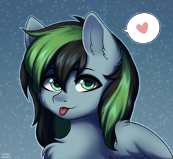 Size: 2004x1840 | Tagged: safe, artist:alunedoodle, oc, oc:weo, pegasus, pony, bust, commission, heart, portrait, solo, tongue out, two toned mane, ych result